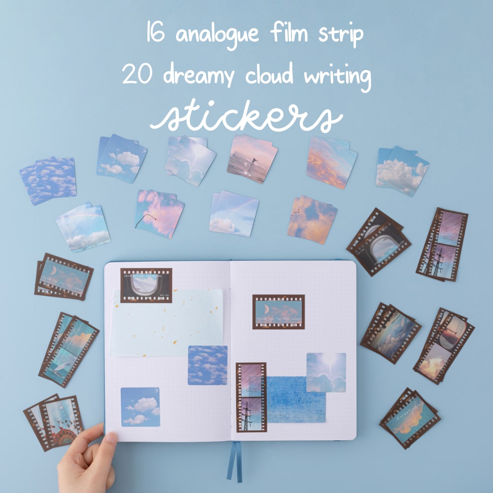 36 transparent stickers from Tsuki ‘Cloud Dreamland’ Scrapbooking Set, 20 writing paper sticker and 16 analogue film strip stickers