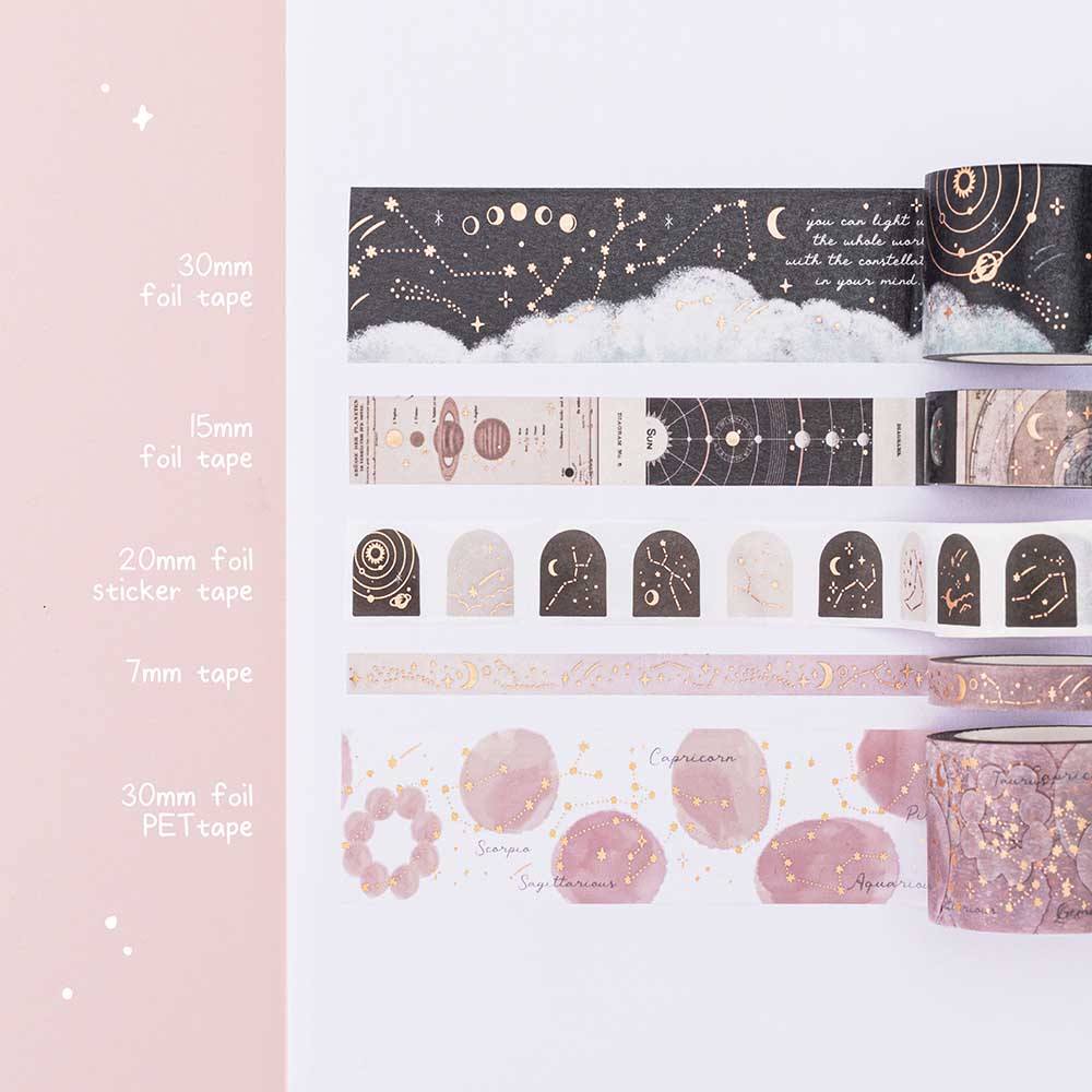 Tsuki Constellations Washi Tape Set swatch on white page dotted bullet journal on pink background