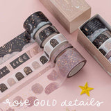 Constellations washi tape rolls swatched on pink background showing off rose gold foil details with text that says ‘rose gold details’