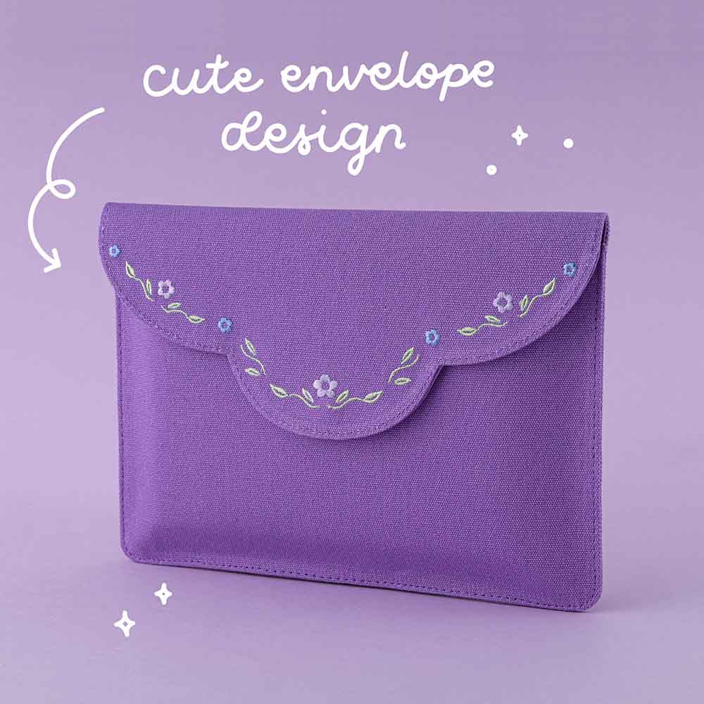 Purple envelope pouch with embroidered flower details and text that says “cute envelope design”