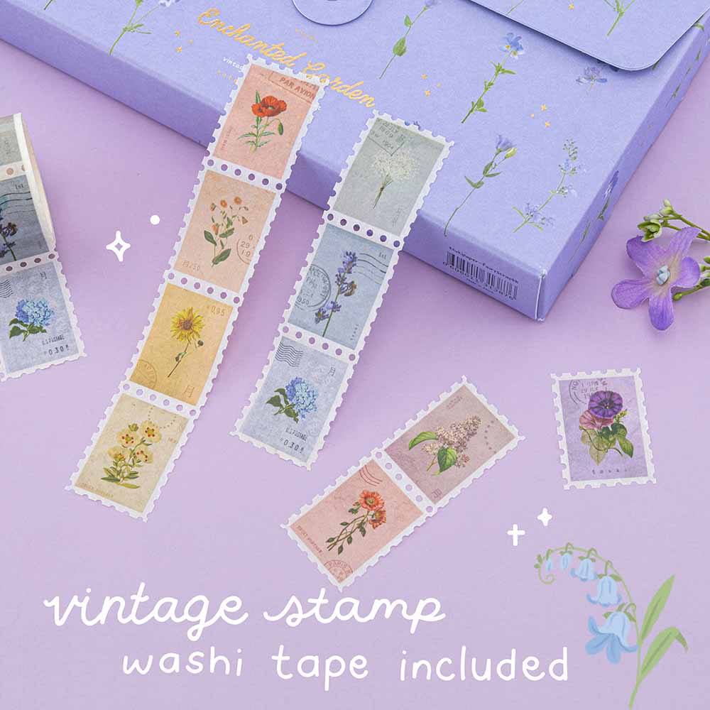 Vintage style stamp washi tapes with flower designs on the Enchanted Garden scrapbook  bundle box 