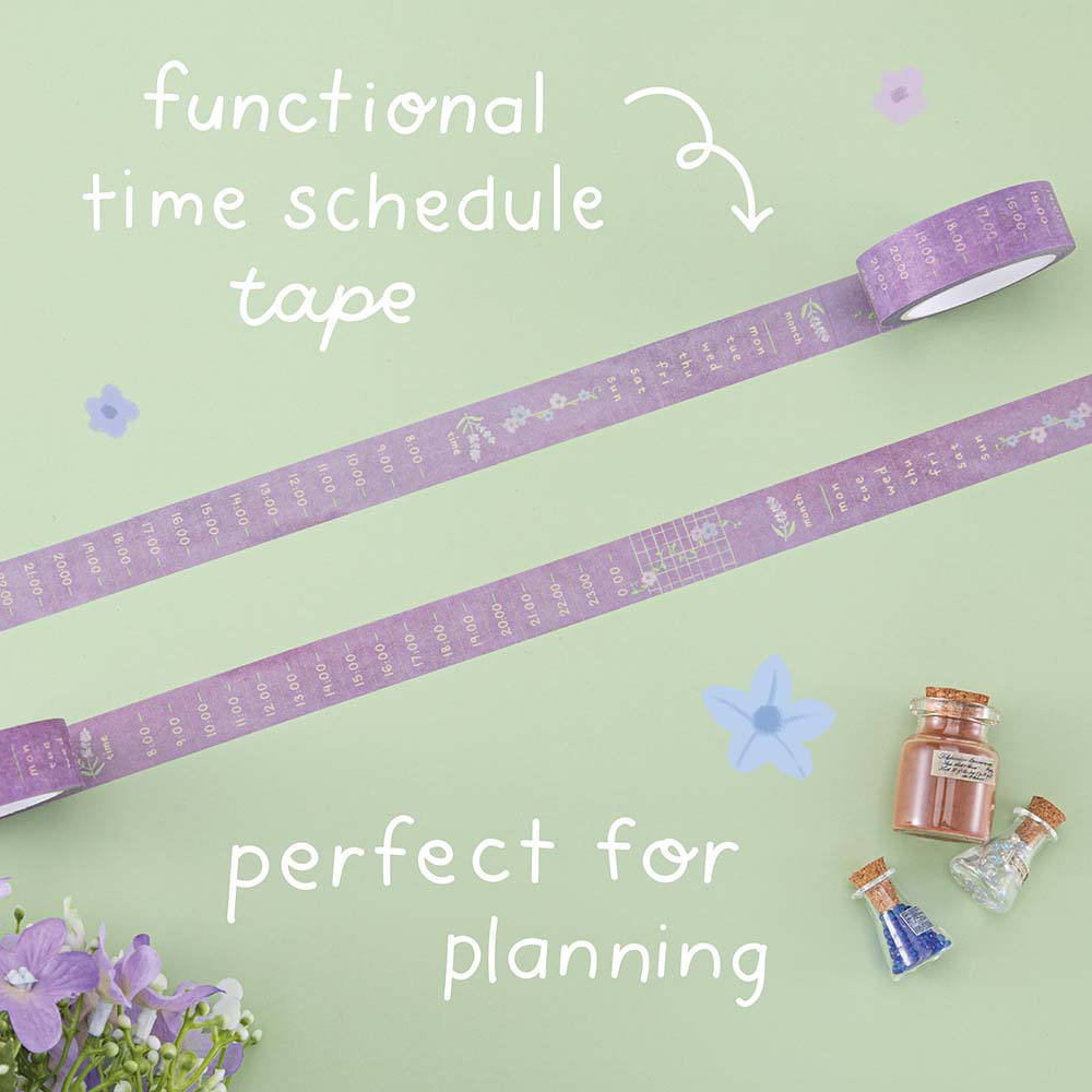 Tsuki ‘Enchanted Garden’ Functional Time Schedule Tape roll on sage green background with text ‘perfect for planning’