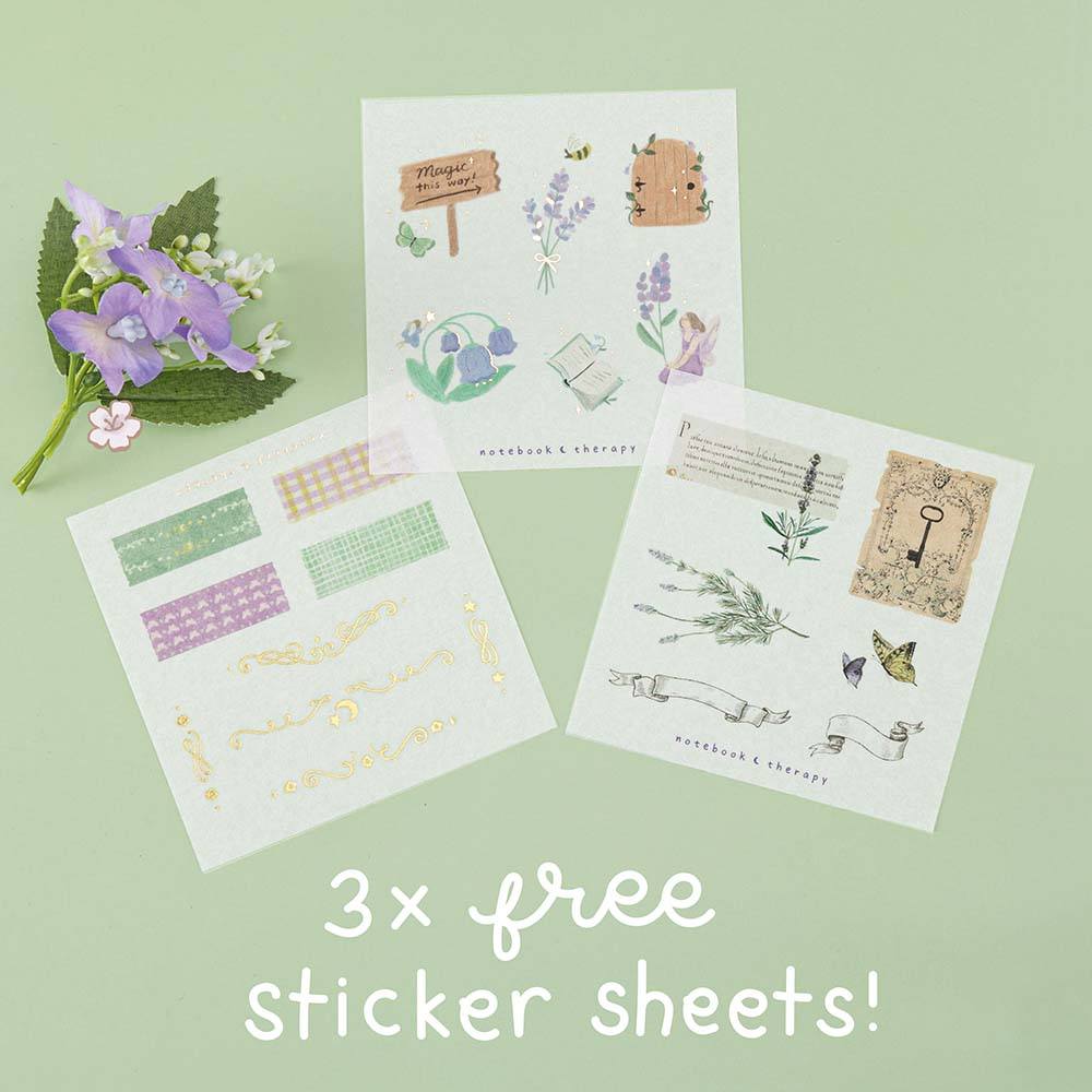 Tsuki ‘Enchanted Garden’ Washi Tape free sticker sheets with text ‘3x free sticker sheets’