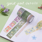 Tsuki ‘Enchanted Garden’ Washi Tape Set swatch on dotted bullet journal on sage green background with purple flower decoration with text ‘gold foil details’