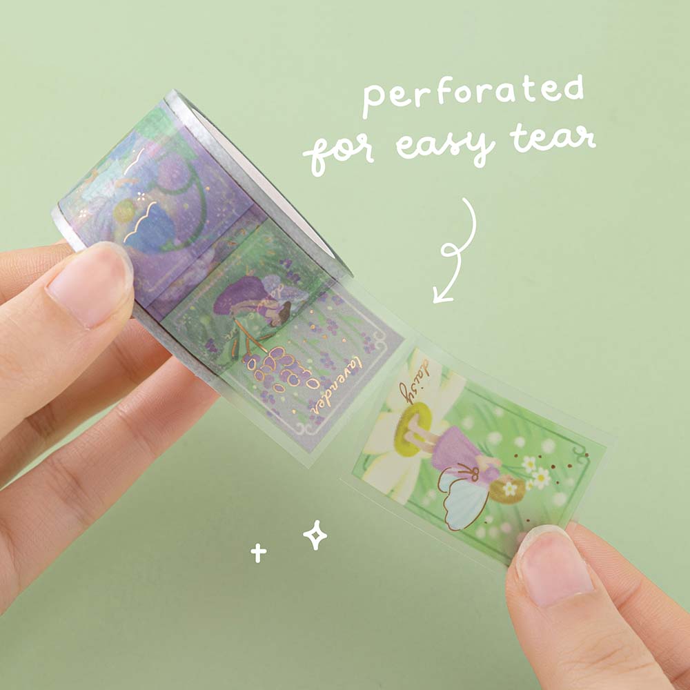 Tsuki ‘Enchanted Garden’ Matte Transparent Washi Tape with text perfect for easy tear
