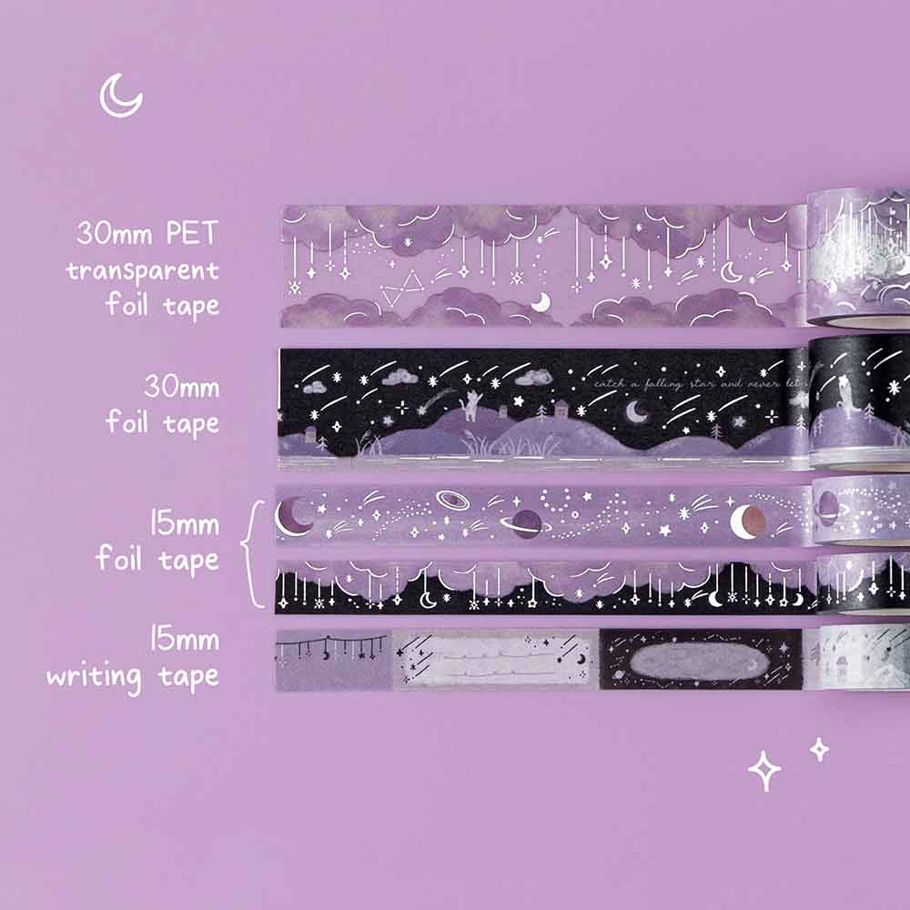 Tsuki ‘Falling Star’ Washi Tape Set in various sizes rolled out on purple background