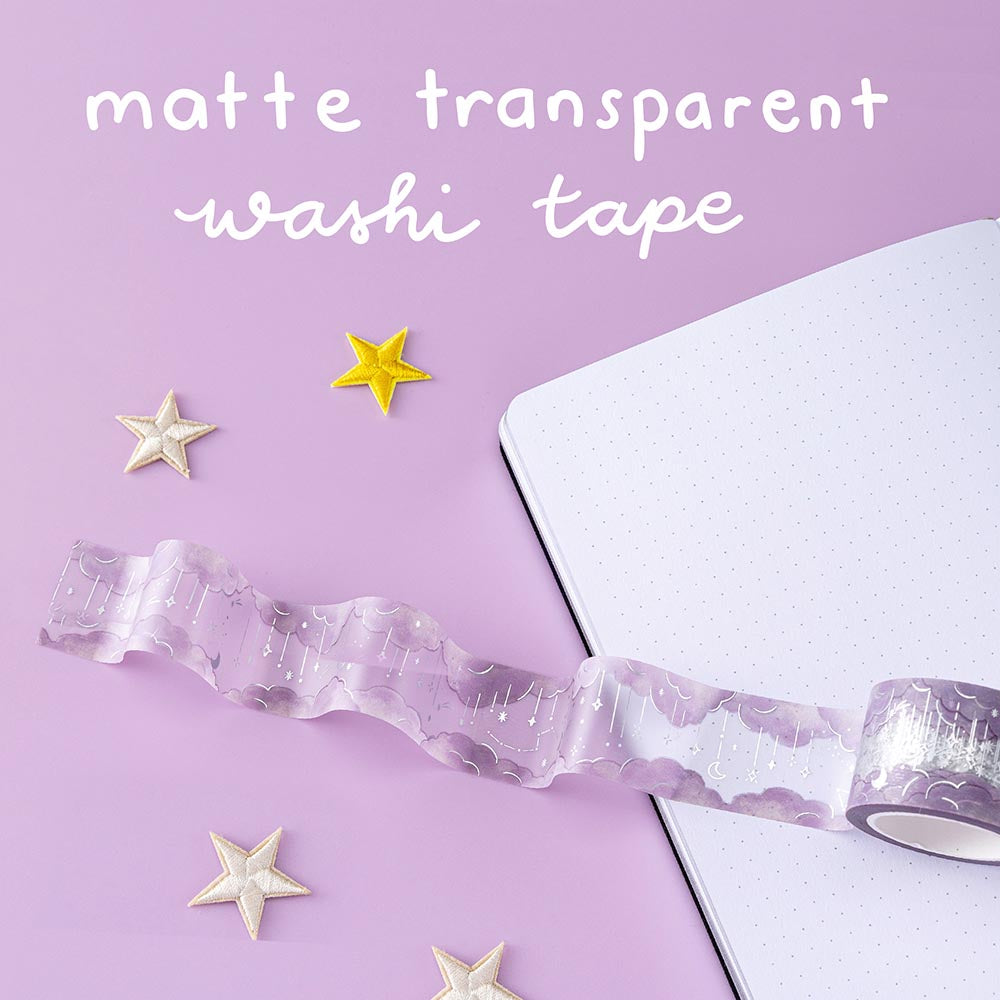 Matte transparent washi tape from Tsuki ‘Falling Star’ Washi Tape Set on open bullet journal with stars on purple background