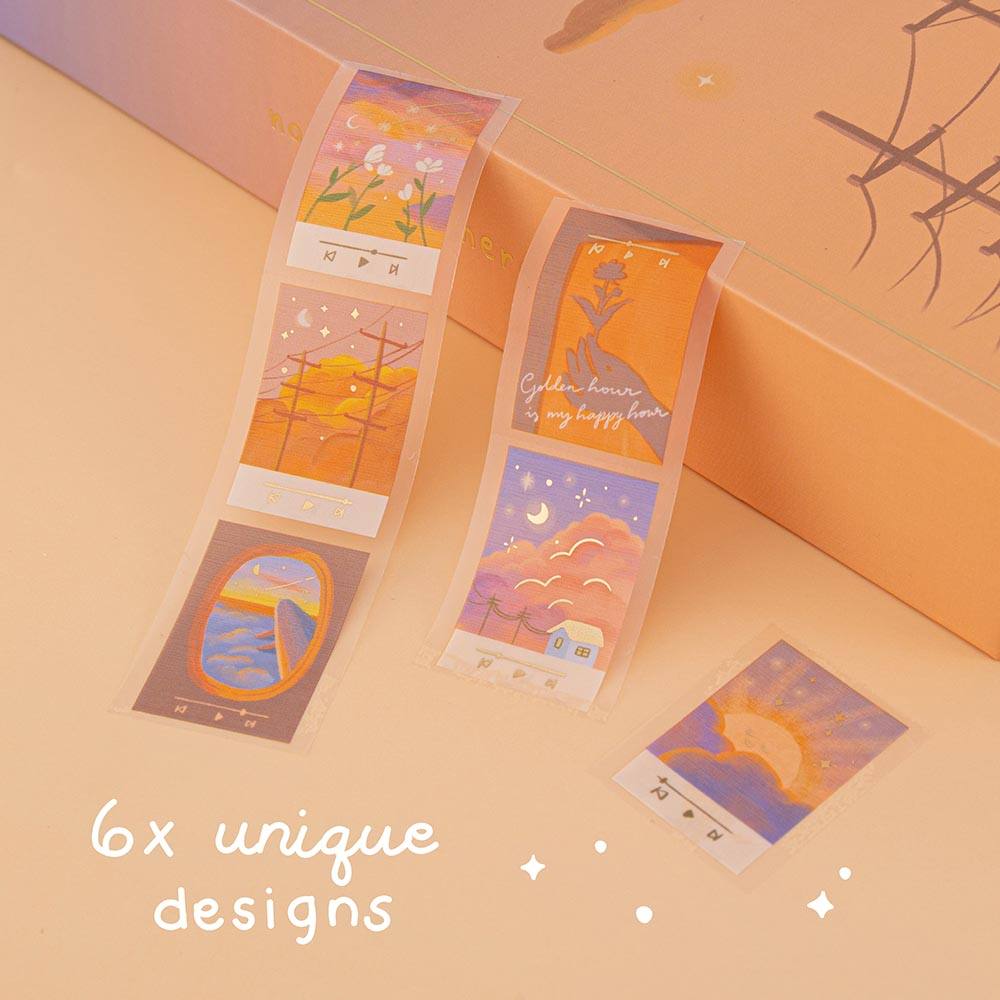 Tsuki Golden Hour PET tape showing 6x unique designs