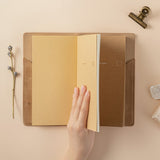 Travel notebook inserts laid out on a beige background, 1 kraft paper refill, 1 grid paper and 1 plain ivory paper