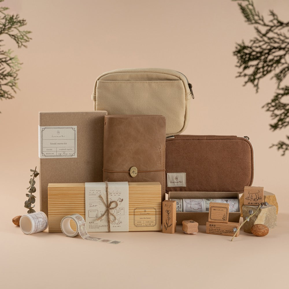 Hinoki collection including cream canvas travel pouch, scrapbook set, travel notebook, corduroy pencil case, stamp set and washi tapes 