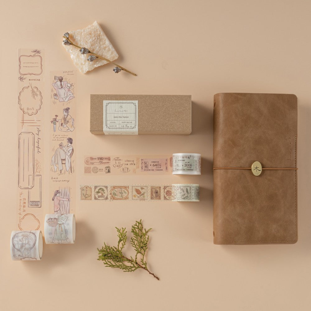 Flatlay of travel notebook and Hinoki into the Forest PET + Washi Tapes