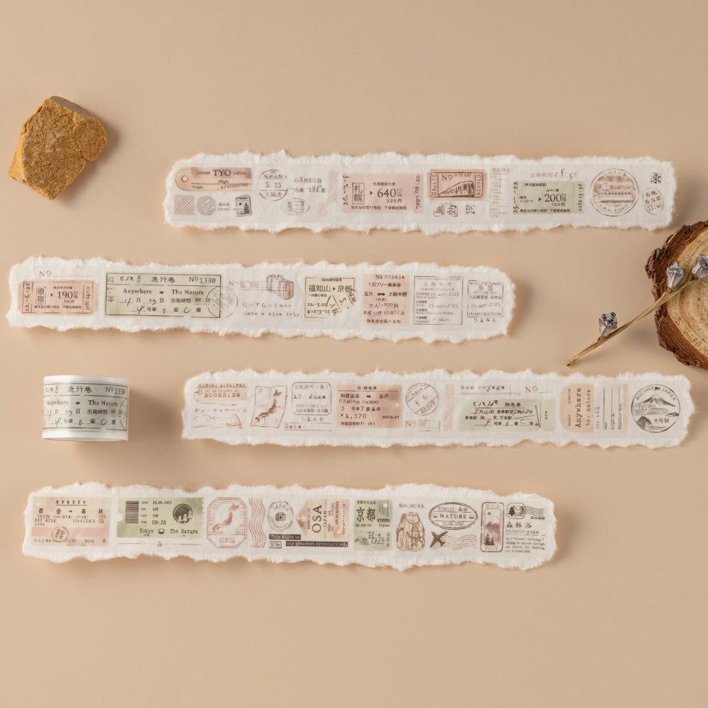 Washi tape with ticket designs and stamps on textured paper