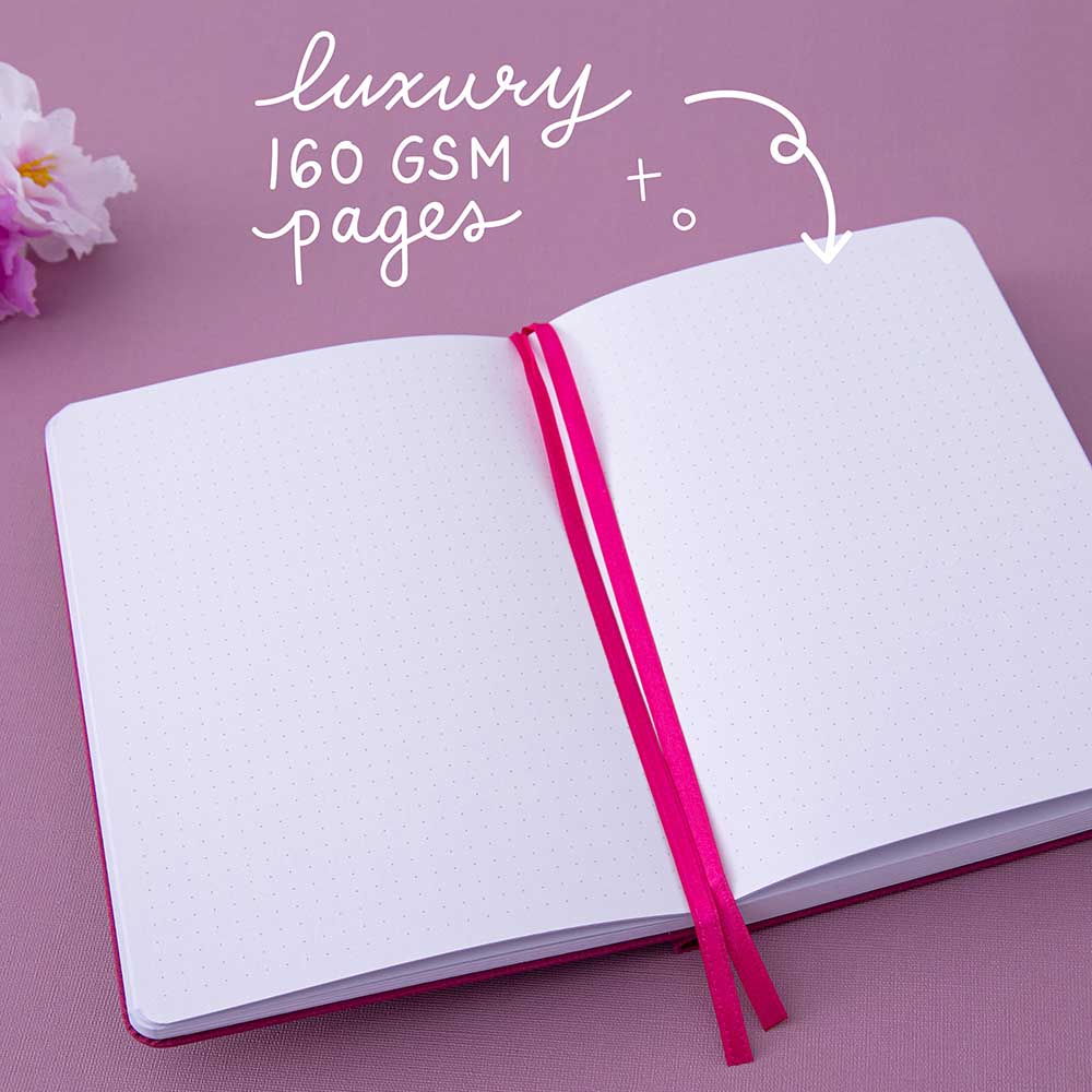 Lay flat bullet journal notebook with 2 pink ribbon bookmarks and the words “Luxury 160gsm pages” written in white
