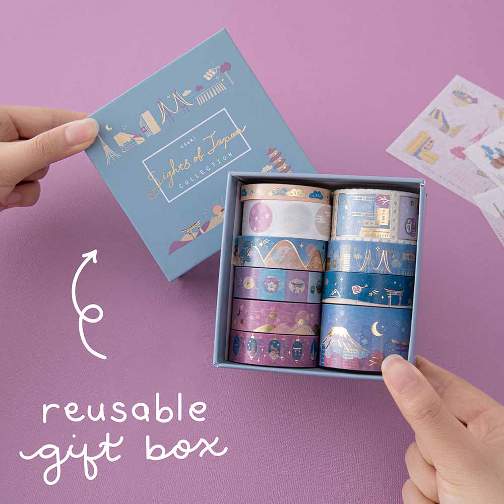Hand holding sights of Japan washi tape set box with the words “reusable gift box” in white