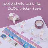 Washi tapes on top of notebook on pink background and the words “add details with the cute sticker tape” written in white 