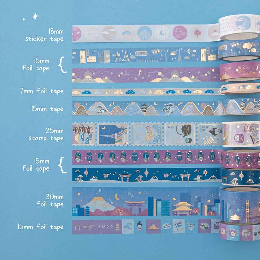 Tsuki Sights of Japan washi tape set swatch on blue background