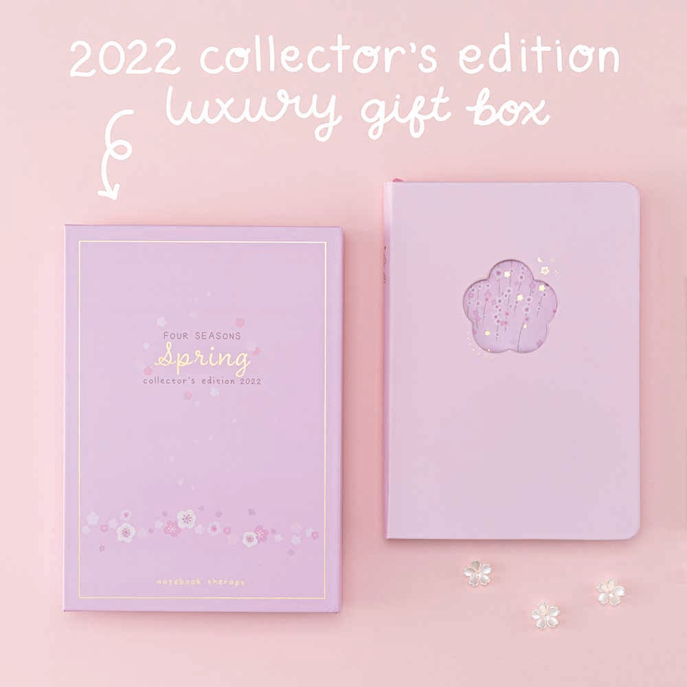 Tsuki Four Seasons: Spring Collector’s Edition 2022 Bullet Journal with 2022 collector’s edition luxury gift box with flowers on light pink background