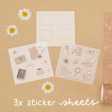 Tsuki Light Academia free sticker sheets on brown background with text ‘3x sticker sheets’ in white