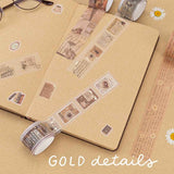 Tsuki Light Academia PET stamp tape roll, collage washi roll, PET roll on kraft paper bullet journal with ‘gold details’ written in white 