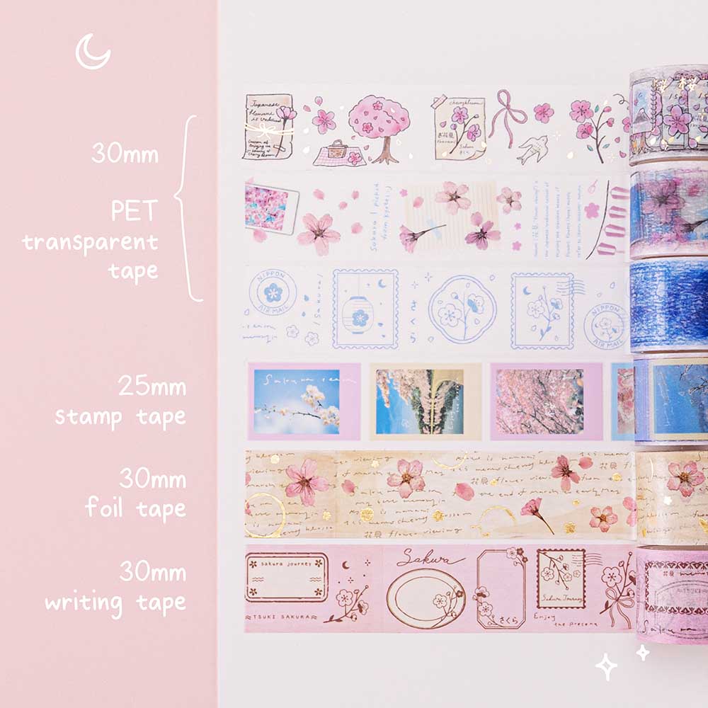 Tsuki ‘Sakura Journey’ Vintage Journal Washi Tape Set with cherry blossoms on pink gingham on pink background