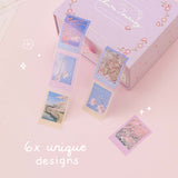 Tsuki ‘Sakura Journey’ Vintage Journal Washi Stamp Tape with six unique designs on pink background