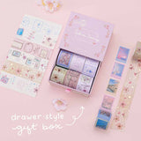 Tsuki ‘Sakura Journey’ Vintage Journal Washi Tape Set on white card with drawer style gift box on pink background