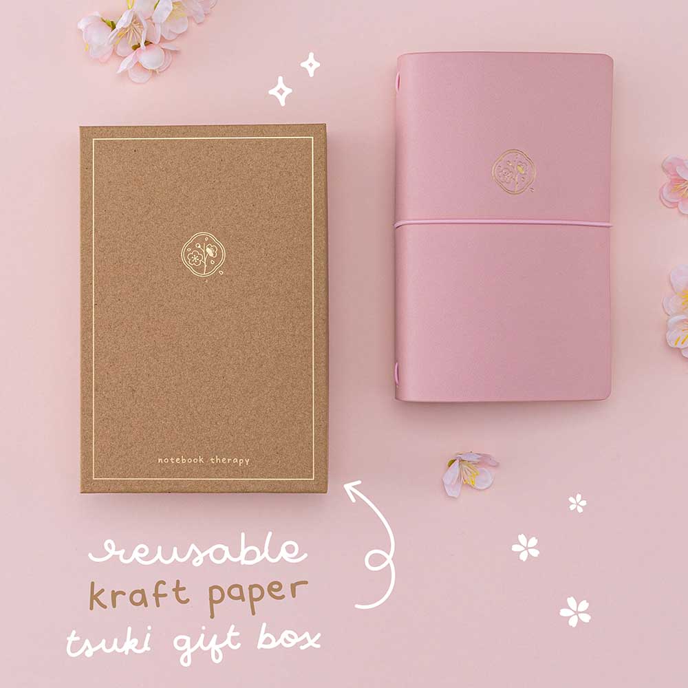 Tsuki ‘Sakura Journey’ Limited Edition Travel Notebook with reusable kraft paper tsuki gift box with cherry blossoms on pink background