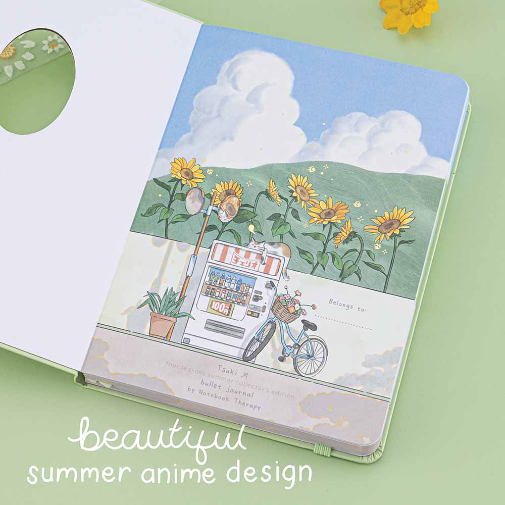 First cover page of Tsuki Four Seasons Summer Collectors Edition 2022 sage bullet journal notebook with anime-style illustration of the sky, sunflowers and a Japanese vending machine and “beautiful summer anime design” written in white text